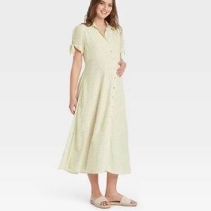 Hatch The Nines Polka Dot maternity Dress size M ivory and green color euc